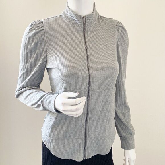 Chaser Brand Gray Thermal Waffle Knit Zip-up Puff Sleeve Sweatshirt Revolve - Picture 7 of 7